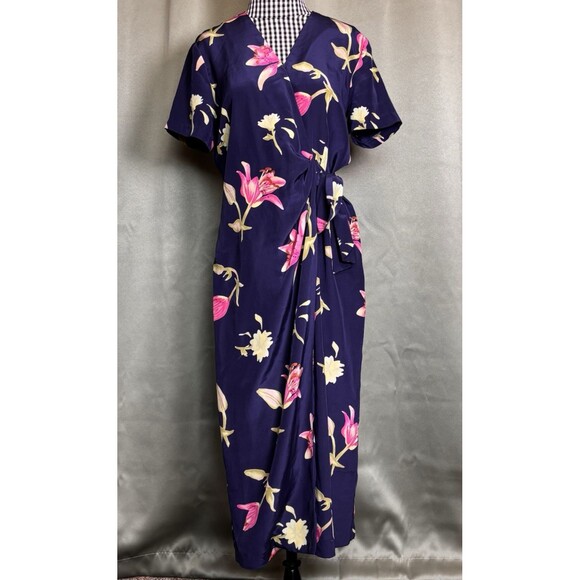 Safe Silk By Adrianna Papell Womens Floral Wrap Dress 100% Silk Navy Floral 10 P - Picture 1 of 8